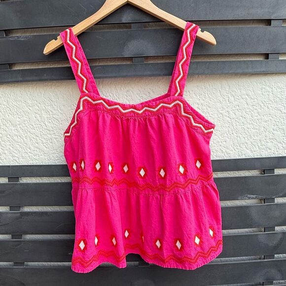 LOFT Embroidered Tiered Linen Blend Cami in Pink | Large - Picture 3 of 7